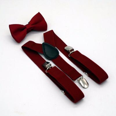 China Kids decorated with bow tie Suspenders Burgundy Wine red kid suspender hot selling elastic material with 3metal clips for sale