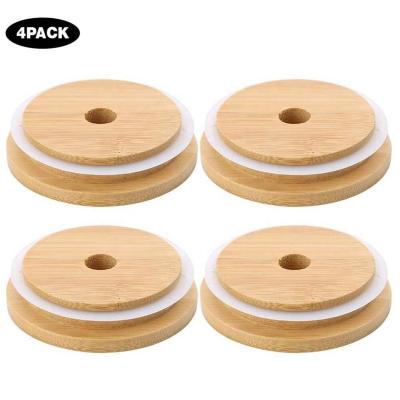 China Non Spill 4PCS Bamboo Jar Lids With Straw Holes Wooden Durable Canninng Cover for sale