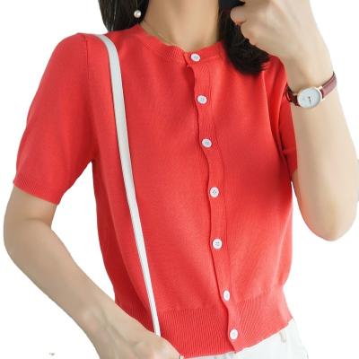 China Summer 2022 Summer 2022 Yellow Round Collar Cotton Cardigan Breathable Women'S Short Sleeve Thin Top for sale