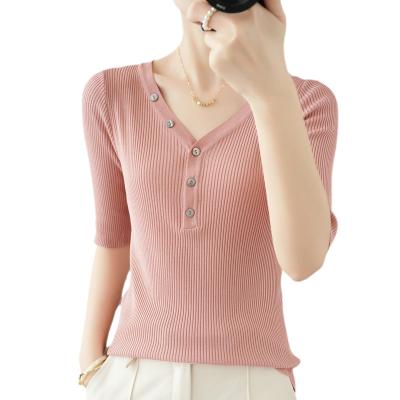 China Lady Summer Ice Silk Breathable Korean Loose V-Neck Basic Sleeve Shorts Free Size Shirt Knit Blouse for sale