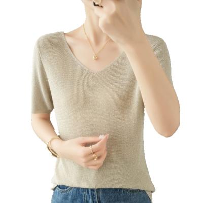 China Breathable Korea Knit Short Sleeve Crop Women Knitted Blouse 100% Poly Short Sleeve for sale