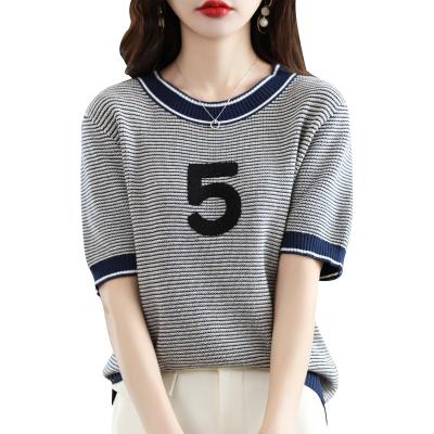 China Breathable Women Short Sleeve Casual Knitted T-Shirt Knit Short Sleeve Patchwork Short Sleeve Knit Top for sale