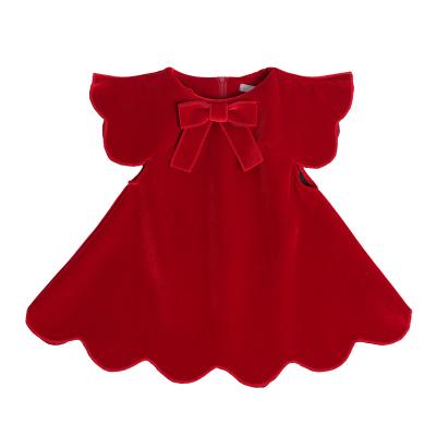 China Anti-wrinkle Fashionable Girl Princess Knee Length Bow Flower Dress Cotton Baju Anak Kids Red Christmas Party Wear for sale