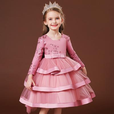 China Hot Sale Girls Anti-wrinkle Big Bowknot Dresses Layered Ball Gown Costume Girl Wedding Embroider Lace Princess Gown for sale