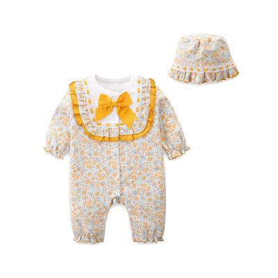 China 100% fiber factory price soft organic cotton bow lace baby bamboo newborn infant cute floral romper for sale