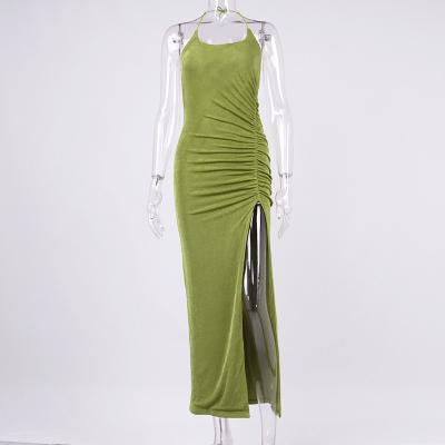 China popular sexy Anti-wrinkle halter neck dress with high slit high waist pleated sexy goddess casual dress for sale