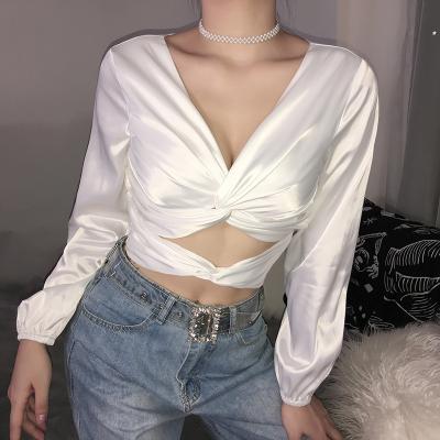 China Anti-shrink ready to ship 2021 new spring satin cross hollowed-out, sexy, backless, sleeveless, long sleeve crop top for sale