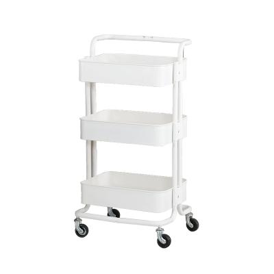 China Newly Design Modern Kitchen Beauty Four Wheel Vegetable Hand Carts Makeup Organizer White Three Tier Rolling Rolling Cart for sale