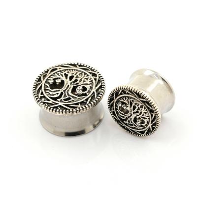 China HOT SALE High Quality Attractive Double Cartilage Earrings Ear Tunnels Stainless Steel Rocket With Tree Pattern Gem Crystals Flesh Tunnel for sale