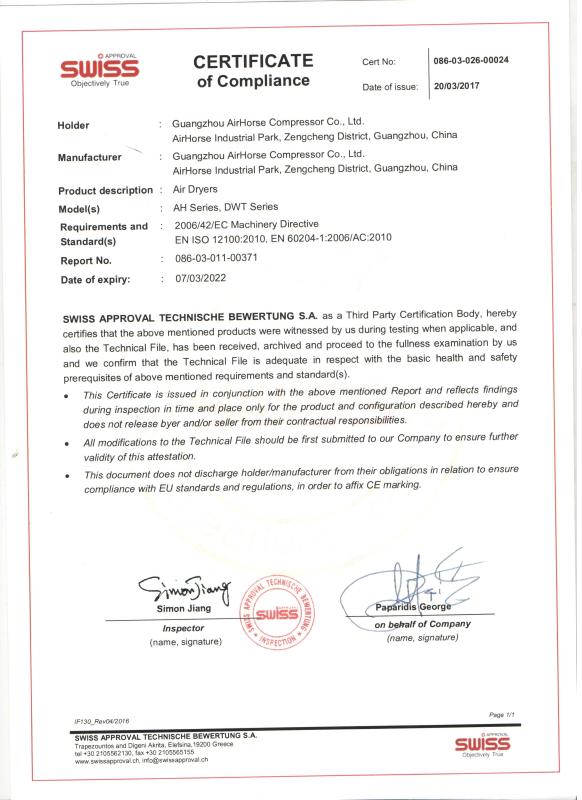 certificate of compliance - Guangzhou AirHorse Compressor Co.,Ltd.