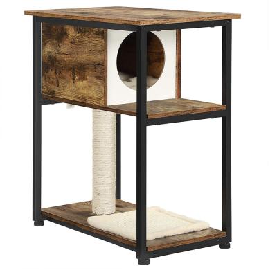 China Industrial Style Brown Rustic Industrial Style Cat Tree and End Table, Cat Tower with Scratching Post and Carpet, Cat House Nightstand for Bedroom for sale