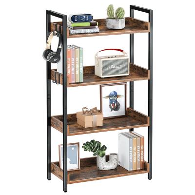 China Modern 4 Tier Bookshelf, Industrial Wooden Bookcase with 4 Hooks, Vintage Storage Rack with Open Shelves Metal Frame Display Rack for sale