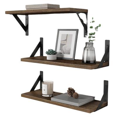 China Sustainable Rustic Floating Storage Shelf For Living Room, Set Of 3 Brown Wall Shelf For Bedroom, Wooden Shelf With Brackets Bathroom Kitchen for sale