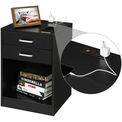 China Industrial Black Nightstand With USB Port For Bedroom End Table Sofa Side Storage Stand Wood Cabinet for sale