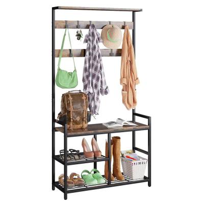 China Viable 3 in 1 Hall Tree Coat Rack and Shoe Bench, Rustic Brown Entryway Storage Shelves, Furniture Organizer with Industrial Metal Frame for sale