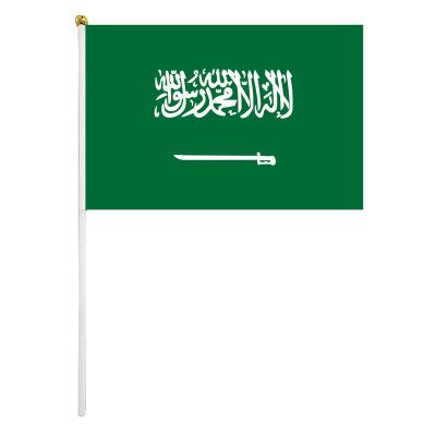 China Saudi Arabia Hand Held Flag 14x21cm Small Stick Size High Quality Flag With 30cm Stick for sale