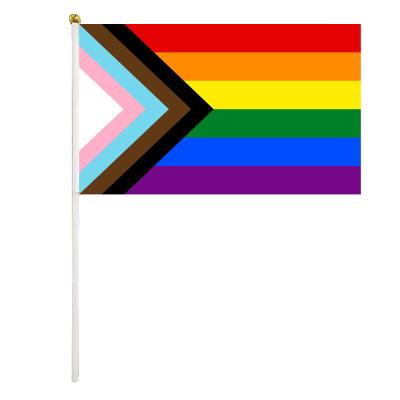 China 14x21cm small stick flag LGBTQ+rainbow handheld flag quasar flag high quality small size 'progress' variant with 30cm stick for sale