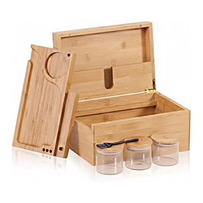 China Handmade Custom Logo Wooden Bamboo Herb Stash Box With Airtight Rolling Tray Brush And 3 Smell Proof Herb Jars for sale