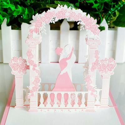 China Europe Color Fancy 3d Pink Pop Up Wedding Invitation Greeting Card Laser Cut 3d Paper Card for sale