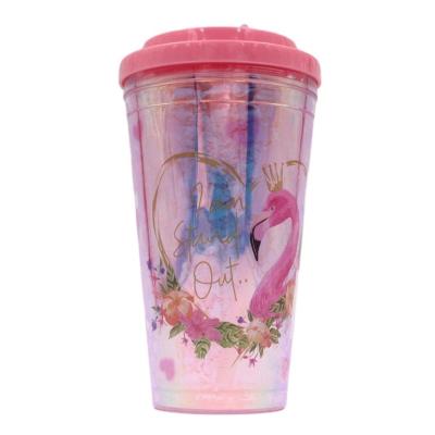 China Plastic Ice Dish Colorful Freeze Cup Beverage Ice Lid Flamingo Stocked Cooling Water Bottle for sale