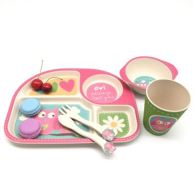 China Colorful Eco-friendly Kids Colorful Cartoon Tableware Set With Bamboo Fiber Dish Bowl Fork Spoon for sale