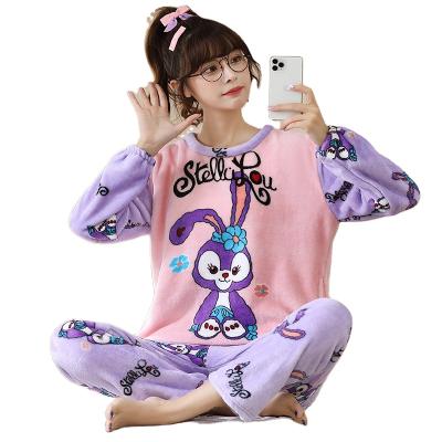 China Autumn and winter breathable fleece coral Korean style two-piece set of cute flannel women's pajamas new suitable for daily wear homewear for sale