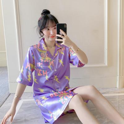 China Other Women's Loose Soft Silk Nightgown Summer Shorts Sleeve Ice Artificial Silk Thin Skirt Pajamas for sale