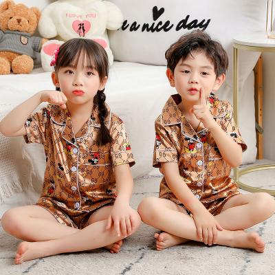 China QUICK DRY summer silk short sleeve shorts ice silk children's pajamas cardigan boys girls home wear home suit for sale