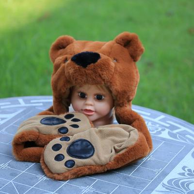 China COMMON Faux Fur Kid Winter Scarf Hat With Long Bear Paw Fleece Striping Bear Toddler Beanie Head Hat Set for sale