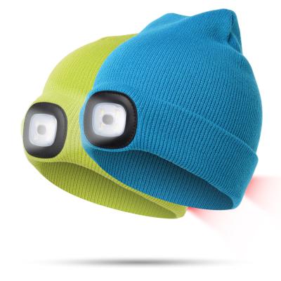 China COMMON Winter Warm Men's Knitted Beanie Hat Unisex With USB Rechargeable LED Head Torch Black Acrylic for sale