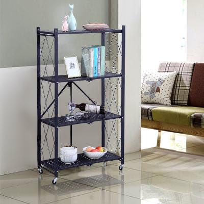 China Free Standing Kitchen Corrosion Protection Installation 4 Storage Shelf Folding Steel Rack With Wheels for sale