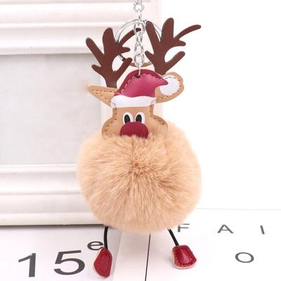 China Bag Fur Ball Key Chain Manufacturer Verified Wholesale Polyester Fiber And Puff Ball Material Luster Lip PU Elks Key Chain for sale