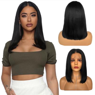 China Blunt Cut Bob Wig, Wholesale Short Bob Lace Front Human Hair Wave Wig Cheap Natural Black Silky Straight Virgin Hair for sale