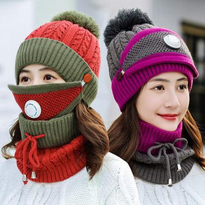 China COMMON Soft Thicken Wool Ski Hat Women Warm Hats Neck Warm Winter Wool Hat Set Beanie Set Knitted Cap Scarf Mask Women Men for sale