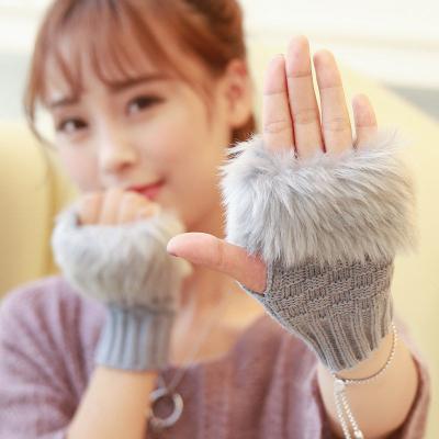 China Single Hand Wrist Crochet Mittens Women Faux Rabbit Fur Winter Knitted Fingerless Gloves for sale