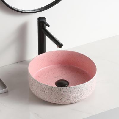 China Lavatory Easy Clean Bathroom Round Matte Pink Color Vessel Step Down Ceramic Hand Basin Delicate Appearance Sink Freestanding Ceramic Sanitariums for sale