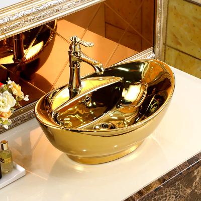 China Easy To Clean Bathroom Sink Customizable Salle De Bain Ceramic Art Royal Vessel Rose Gold Basin Countertop Golden De Lavabo Sink De Bano for sale