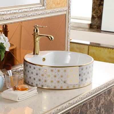 China Easy to clean new pattern bowl round sink aufsatzwaschbecken porcelain plated white decal decoration bathroom sink for sale