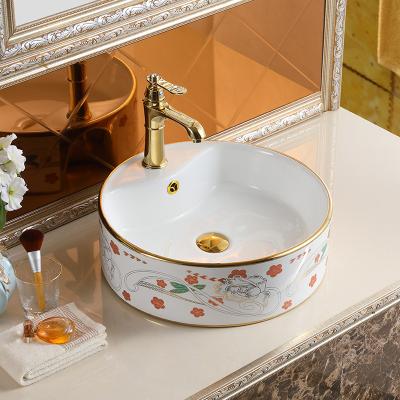 China Easy to clean countertop luxury bathroom sink handrinse ceramic gold flower printed washbasin wastafel plated badkamer for sale