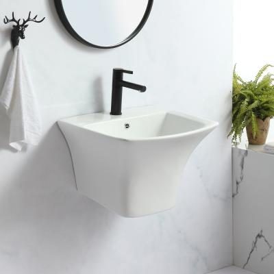 China Easy To Clean Modern White Porcelain Washroom Wall Hanging Pedestal Bathroom One Piece Square Basin Sink for sale