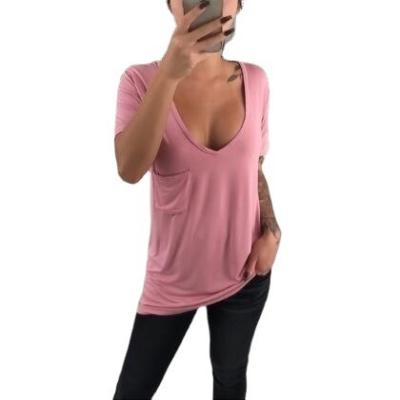 China 2021 Anti-Wrinkle V-Neckline T Shirts For Casual Sexy Women Pocket T-shirt Woman for sale