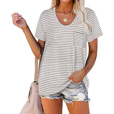 China Anti-Wrinkle Women's T-shirt Women's Top Blouse 2021 Summer Ladies Short Sleeve Stripe Casual Crew Neck Women's Top Blouse for sale