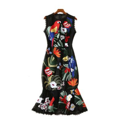 China 2021 Breathable New Sexy Cavity Off Runway Dresses Fashion Women's Summer Sleeveless Flower Parrot Embroidery Black Mermaid Dress Long for sale