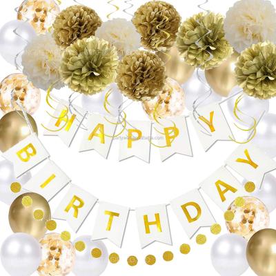 China Happy Birthdau Party Gold and White Happy Birthday Party Decorations Set Tissue Paper Pom Balloon Banner Glitter Garlands and Hanging Swirls for sale