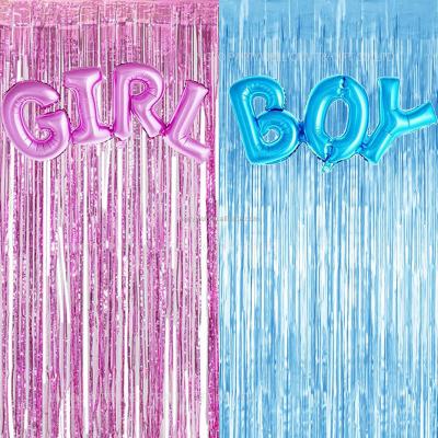 China Party Decoration Gender Reveal Decoration Set Metallic Fringe Curtains BOY Girl Foil Balloons Gender Reveal Party Photo Backdrop (Pink/Blue) for sale