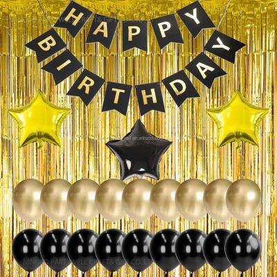 China Happy Birthday Party Decoration Gold and Black Metallic Gold Metallic Fringe Shiny Decoration Kit Curtains Happy Birthday Banner with Latex Star Foil Balloons for sale