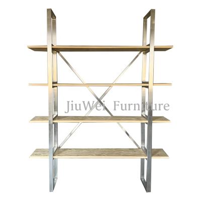 China Living Room Metal Shelf Jiuwei Furniture Stainless Steel Oak Wood Living Room Metal Bar Back Book Shelves for sale