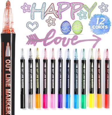 China Vivid Color Self-Contour Markers Metallic Journal Parks Colored Permanent Two Line Pen for Kids, Hobbyists, Card Making for sale