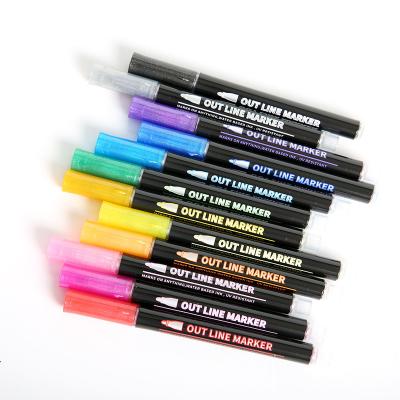 China Bright Color Customized Metallic Marker Pen 12 Color Set Self-contour Two-Line Pen Markers Glitter for sale