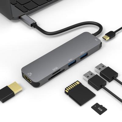 China High Speed ​​USB3.1 5Gbps Custom Logo 6 in 1 4K Aluminum USB Type C Hub with 60W Power Supply and 2*USB3.0 SD TF Card Reader for Macbook and Windows PC for sale